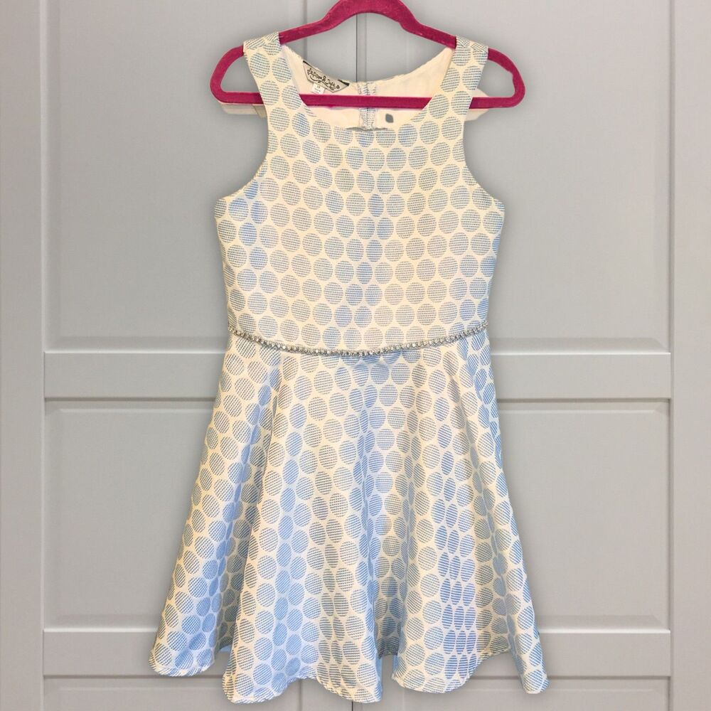 Pippa & Julie Girls Blue Sparkle Jacquard Party Dress Heart Back Size 10